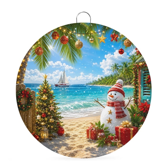Welcome Sign for Front Door, Christmas Coastal Snowman Round Metal Wall Art Wreaths, Winter Beach Xmas Coconut Tree Outdoor Indoor Wall Hanging Sign for Porch Decor Housewarming Gifts 7.9 Inch