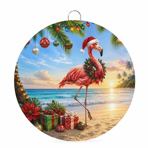 Welcome Sign for Front Door, Christmas Flamingo Round Metal Wall Art Wreaths, Coastal Beach Coconut Tree Xmas Balls Outdoor Indoor Wall Hanging Sign for Porch Decor Housewarming Gifts 5.9 Inch