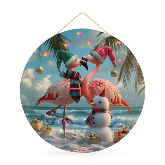 Welcome Sign for Front Door,Christmas Flamingo Round Metal Welcome Front Porch Decoration,Xmas Snowman Coastal Beach Entryway Wall Hanging Sign for Living Room Kitchen Hallway Housewarming Gift 12''