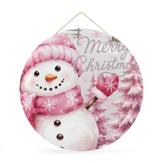Welcome Sign for Front Door, Christmas Pink Snowman Round Metal Wall Art Wreaths, Winter Snowflakes Rustic Xmas Trees Outdoor Indoor Wall Hanging Sign for Porch Decor Housewarming Gifts 11.8 Inch