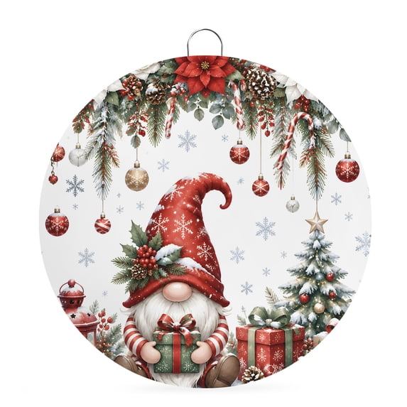 Welcome Sign for Front Door, Christmas Red Gnomes Round Metal Wall Art Wreaths, Winter Xmas Balls Flowers Leaves Outdoor Indoor Wall Hanging Sign for Porch Decor Housewarming Gifts 5.9 Inch