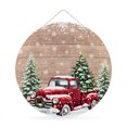 thumbnail image 1 of Welcome Sign for Front Door,Christmas Red Truck Round Metal Welcome Front Porch Decor,Winter Farmhouse Snowflakes Wooden Grain Wall Hanging Sign for Living Room Kitchen Hallway Housewarming Gift 12'', 1 of 9