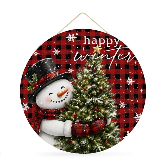Welcome Sign for Front Door, Christmas Snowman Round Metal Wall Art Wreaths, Funny Xmas Tree Snowflake Red Black Plaid Outdoor Indoor Wall Hanging Sign for Porch Decor Housewarming Gifts 11.8 Inch