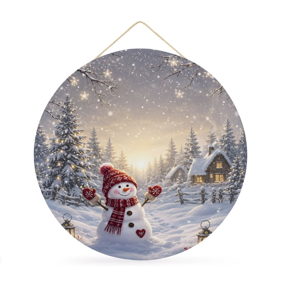 Welcome Sign for Front Door, Christmas Snowman Round Metal Wall Art Wreaths, Winter Farmhouse Xmas Tree Snowy Landscape Outdoor Indoor Wall Hanging Sign for Porch Decor Housewarming Gifts 11.8 Inch