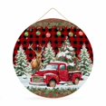 thumbnail image 1 of Welcome Sign for Front Door, Christmas Truck Round Metal Wall Art Wreaths, Farmhouse Xmas Tree Red Buffalo Plaid Outdoor Indoor Wall Hanging Sign for Porch Decor Housewarming Gifts 11.8 Inch, 1 of 8