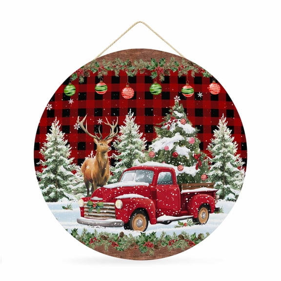 Welcome Sign for Front Door, Christmas Truck Round Metal Wall Art Wreaths, Farmhouse Xmas Tree Red Buffalo Plaid Outdoor Indoor Wall Hanging Sign for Porch Decor Housewarming Gifts 11.8 Inch