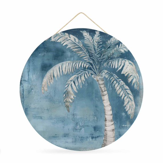 Welcome Sign for Front Door, Coastal Beach Tree Blue Grey Round Metal Wall Art Wreaths, Vintage Summer Palm Tropical Outdoor Indoor Wall Hanging Sign for Porch Decor Housewarming Gifts 11.8 Inch