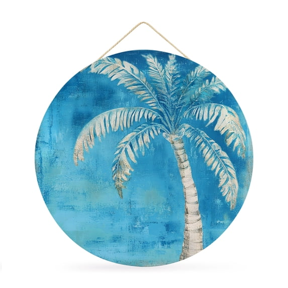 Welcome Sign for Front Door, Coastal Beach Tree Blue Round Metal Wall Art Wreaths, Vintage Summer Palm Tropical Outdoor Indoor Wall Hanging Sign for Porch Decor Housewarming Gifts 11.8 Inch