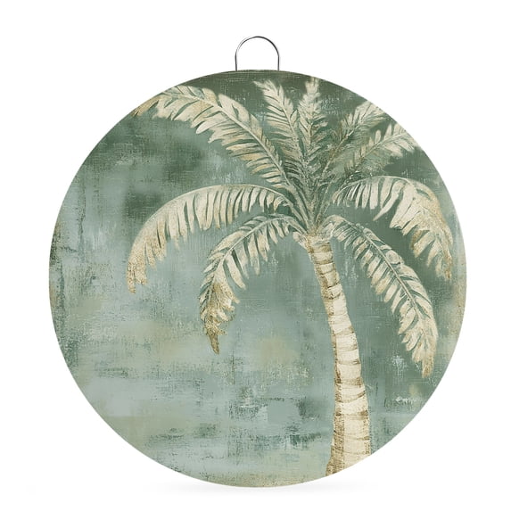 Welcome Sign for Front Door, Coastal Beach Tree Sage Green Round Metal Wall Art Wreaths, Vintage Summer Palm Tropical Outdoor Indoor Wall Hanging Sign for Porch Decor Housewarming Gifts 5.9 Inch