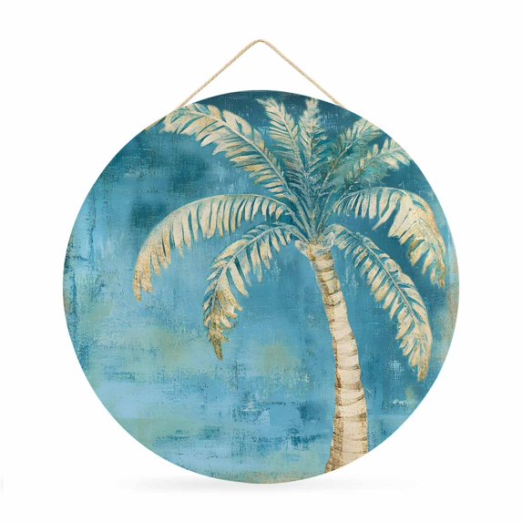 Welcome Sign for Front Door, Coastal Beach Tree Teal Blue Round Metal Wall Art Wreaths, Vintage Summer Palm Tropical Outdoor Indoor Wall Hanging Sign for Porch Decor Housewarming Gifts 11.8 Inch
