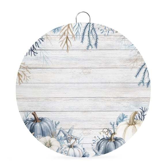 Welcome Sign for Front Door, Coastal Fall Round Metal Wall Art Wreaths, Thanksgiving Blue Pumpkins Coral Gray Wooden Outdoor Indoor Wall Hanging Sign for Porch Decor Housewarming Gifts 5.9 Inch