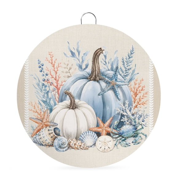 Welcome Sign for Front Door, Coastal Fall Round Metal Wall Art Wreaths, Thanksgiving Blue Pumpkins Coral Rustic Outdoor Indoor Wall Hanging Sign for Porch Decor Housewarming Gifts 7.9 Inch