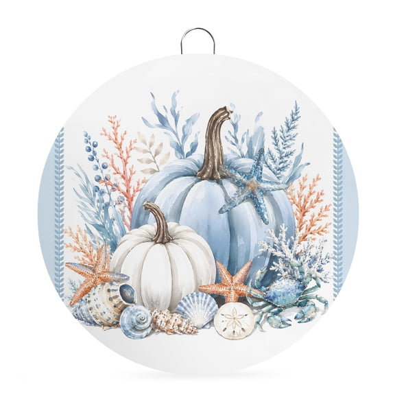 Welcome Sign for Front Door, Coastal Fall Round Metal Wall Art Wreaths, Thanksgiving Blue Pumpkins Coral Starfish Outdoor Indoor Wall Hanging Sign for Porch Decor Housewarming Gifts 7.9 Inch