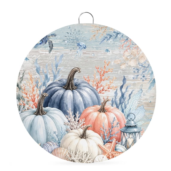 Welcome Sign for Front Door, Coastal Fall Round Metal Wall Art Wreaths, Thanksgiving Pumpkins Coral Sea Brown Wooden Outdoor Indoor Wall Hanging Sign for Porch Decor Housewarming Gifts 7.9 Inch