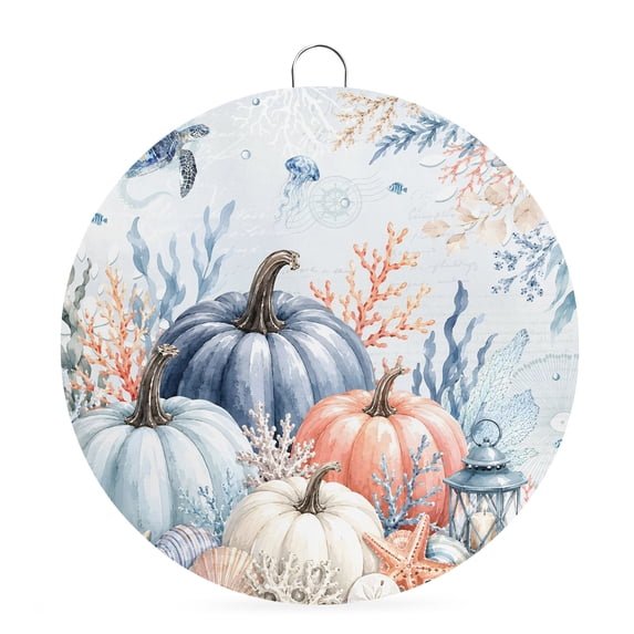 Welcome Sign for Front Door, Coastal Fall Round Metal Wall Art Wreaths, Thanksgiving Pumpkins Coral Sea Turtle Ocean Outdoor Indoor Wall Hanging Sign for Porch Decor Housewarming Gifts 7.9 Inch