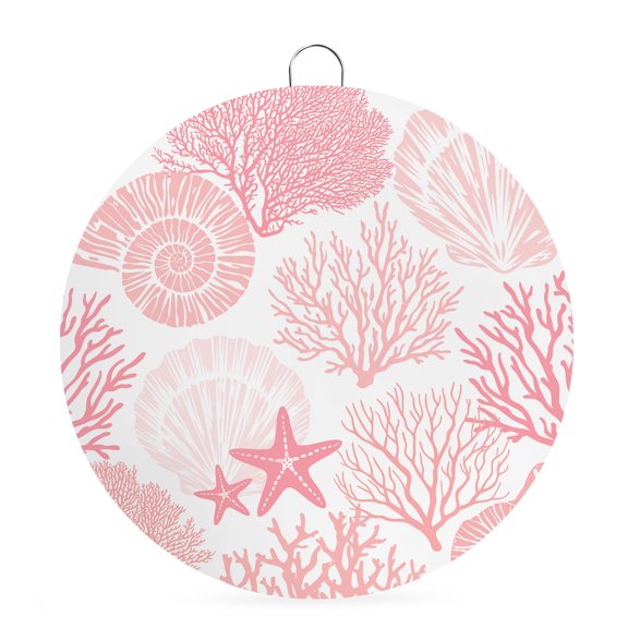 Welcome Sign for Front Door,Coastal Pink Round Metal Welcome Front Porch Decoration,Ocean Coral Starfish Shell Modern Sea Wall Hanging Sign for Living Room Kitchen Hallway Housewarming Gift 6''
