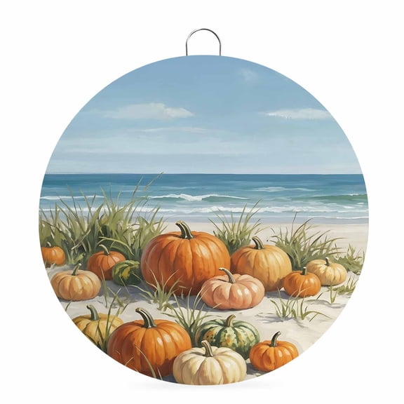Welcome Sign for Front Door, Coastal Pumpkins Fall Round Metal Wall Art Wreaths, Autumn Thanksgiving Beach Outdoor Indoor Wall Hanging Sign for Porch Decor Housewarming Gifts 5.9 Inch