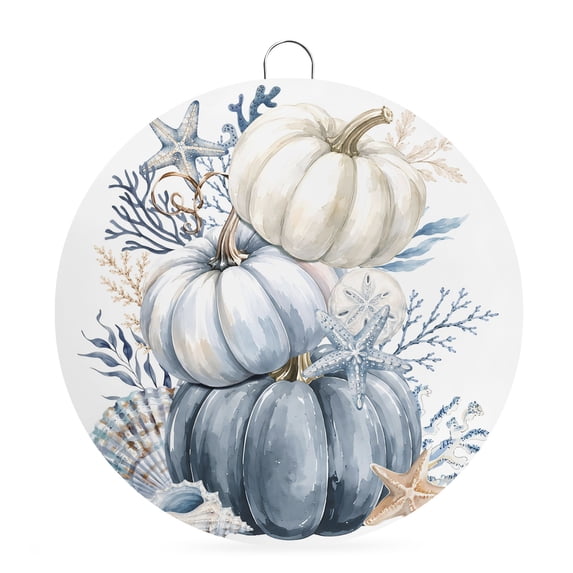 Welcome Sign for Front Door, Coastal Pumpkins Fall Round Metal Wall Art Wreaths, Thanksgiving Navy Blue Pumpkin Outdoor Indoor Wall Hanging Sign for Porch Decor Housewarming Gifts 5.9 Inch