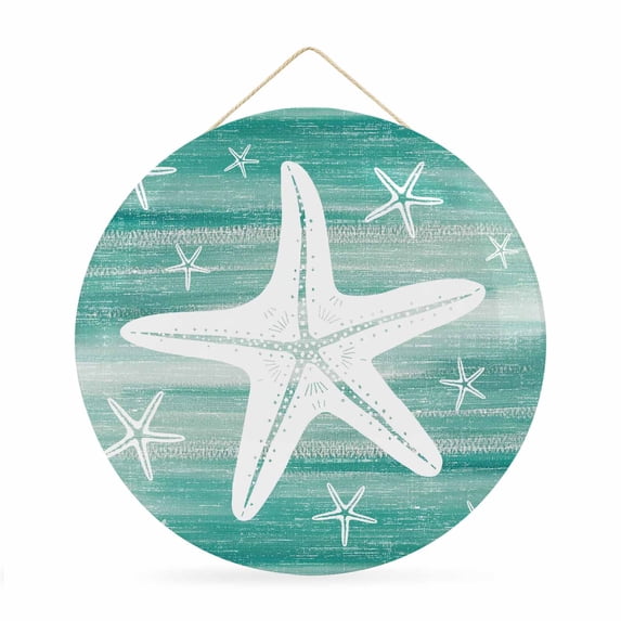 Welcome Sign for Front Door, Coastal Starfish Round Metal Wall Art Wreaths, Green Beach Nautical Undersea Creatures Outdoor Indoor Wall Hanging Sign for Porch Decor Housewarming Gifts 11.8 Inch