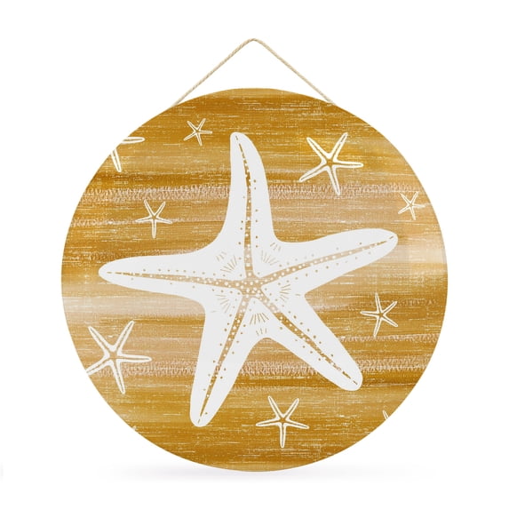 Welcome Sign for Front Door, Coastal Starfish Round Metal Wall Art Wreaths, Orange Farmhouse Nautical Marine Lifes Outdoor Indoor Wall Hanging Sign for Porch Decor Housewarming Gifts 11.8 Inch