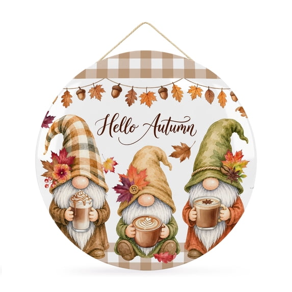 Welcome Sign for Front Door, Coffee Gnomes Fall Round Metal Wall Art Wreaths, Thanksgiving Maple Autumn Brown Plaid Outdoor Indoor Wall Hanging Sign for Porch Decor Housewarming Gifts 11.8 Inch