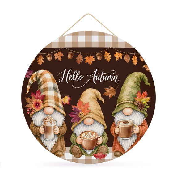 Welcome Sign for Front Door, Coffee Gnomes Fall Round Metal Wall Art Wreaths, Thanksgiving Maple Leaves Brown Plaid Outdoor Indoor Wall Hanging Sign for Porch Decor Housewarming Gifts 11.8 Inch