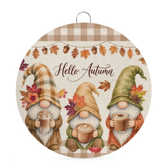 Welcome Sign for Front Door, Coffee Gnomes Fall Round Metal Wall Art Wreaths, Thanksgiving Maple Rustic Brown Plaid Outdoor Indoor Wall Hanging Sign for Porch Decor Housewarming Gifts 5.9 Inch