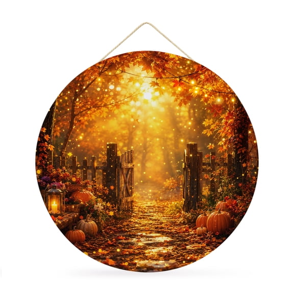 Welcome Sign for Front Door, Country Fall Round Metal Wall Art Wreaths, Farmhouse Rustic Pumpkins Maple Leaves Orange Outdoor Indoor Wall Hanging Sign for Porch Decor Housewarming Gifts 11.8 Inch