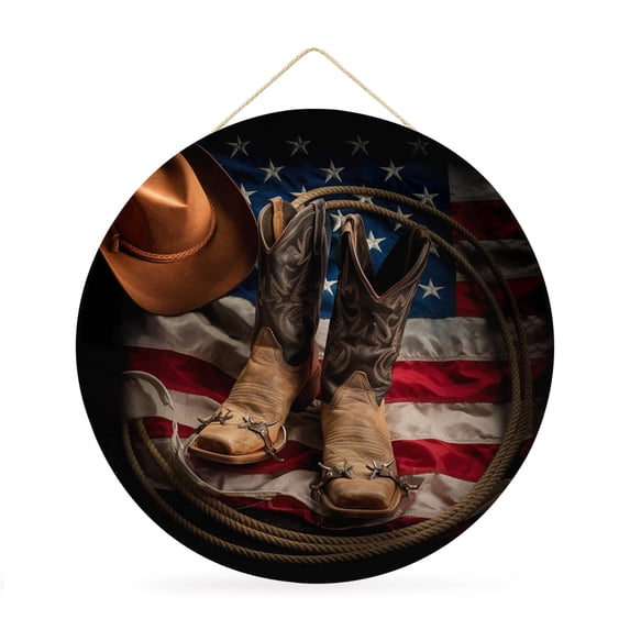 Welcome Sign for Front Door,Cowboy Boots Hat Round Metal Welcome Front Porch Decoration,American Flag Vintage Artwork Entryway Wall Hanging Sign for Living Room Kitchen Hallway Housewarming Gift 12''