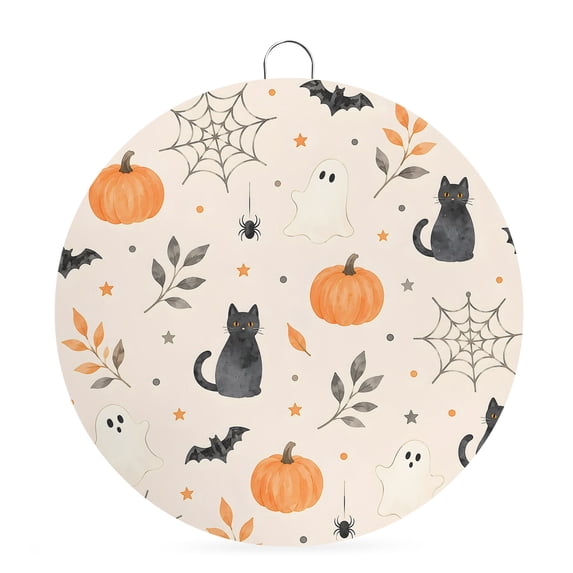 Welcome Sign for Front Door, Cream Halloween Round Metal Wall Art Wreaths, Funny Ghost Black CAt Pumpkins Spi-der Outdoor Indoor Wall Hanging Sign for Porch Decor Housewarming Gifts 7.9 Inch