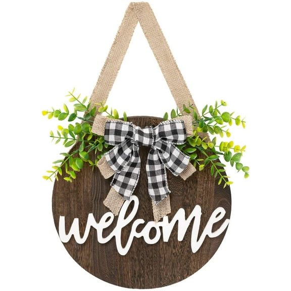 Welcome Sign for Front Door Decor 12'' Farmhouse Round Wood Wreath Wall Hanging Outdoor Home Porch Decorations for Christmas Day Winter Spring All Seasons Holiday Housewarming Gift, Brown
