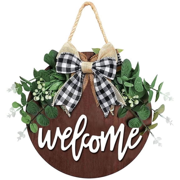 Welcome Sign for Front Door, Decor for Farmhouse Porch, Rustic Welcome Wreaths with Stapled Greenery, Round Wooden Hanging Housewarming Gift for Home Outdoor Indoor