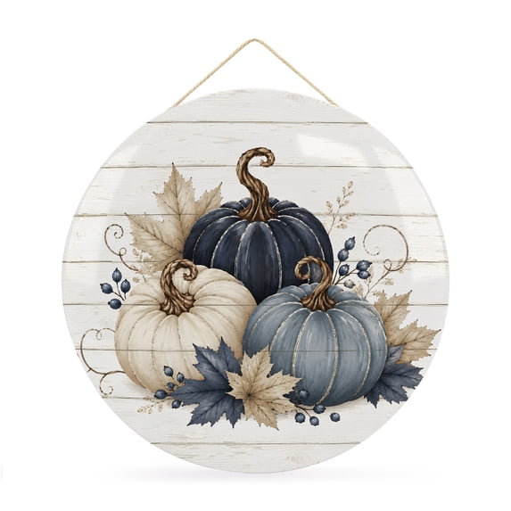 Welcome Sign Front Door Decorations, Blue Beige Pumpkin Round Wall Art Outdoor Metal Wreaths, Fall Thanksgiving Maple Leaf Rustic Wood Seasonal Hanging Sign for Home Porch Decor Warming Gift 12 In