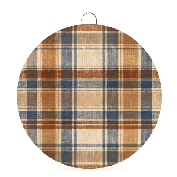 Welcome Sign Front Door Decorations, Blue Brown Checked Round Wall Art Outdoor Metal Wreaths, Beige Buffalo Plaid Farmhouse Seasonal Hanging Sign for Home Porch Decor Warming Gift 6 In