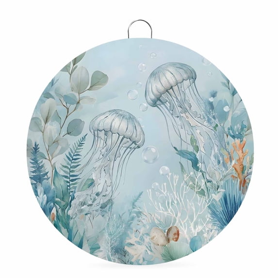 Welcome Sign Front Door Decorations, Blue Coastal Jellyfish Round Wall Art Outdoor Metal Wreaths, Ocean Beach Eucalyptus Leaves Coral Seasonal Hanging Sign for Home Porch Decor Warming Gift 6 In