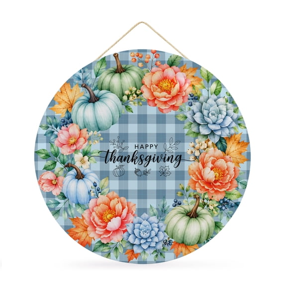 Welcome Sign Front Door Decorations, Blue Happy Thanksgiving Round Wall Art Outdoor Metal Wreaths, Blue Checked Fall Pumpkins Seasonal Hanging Sign for Home Porch Decor Warming Gift 12 In
