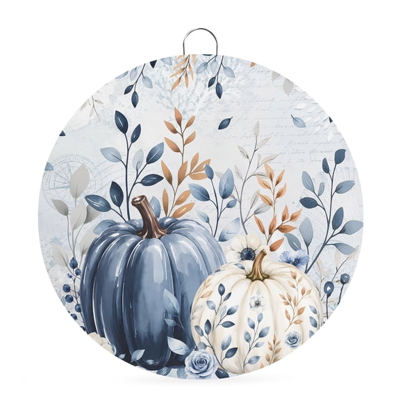 Welcome Sign Front Door Decorations, Blue Thanksgiving Round Wall Art Outdoor Metal Wreaths, Fall Farmhouse Harvest Pumpkin Leaves Seasonal Hanging Sign for Home Porch Decor Warming Gift 6 In