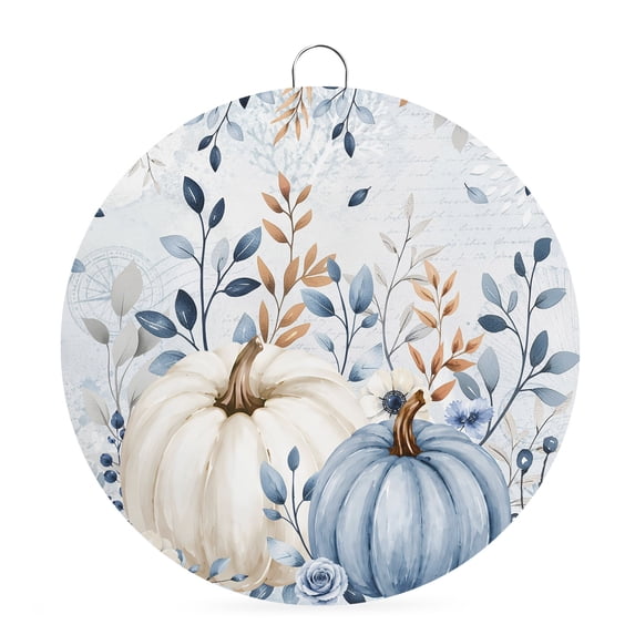Welcome Sign Front Door Decorations, Blue Thanksgiving Round Wall Art Outdoor Metal Wreaths, Fall Pumpkin Eucalyptus Leaves Flowers Seasonal Hanging Sign for Home Porch Decor Warming Gift 8 In