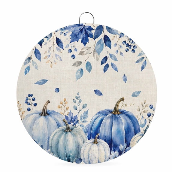 Welcome Sign Front Door Decorations, Blue Thanksgiving Round Wall Art Outdoor Metal Wreaths, Retro Fall Pumpkin Eucalyptus Maple Leaf Seasonal Hanging Sign for Home Porch Decor Warming Gift 8 In