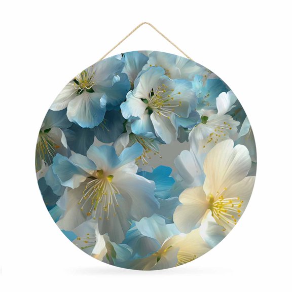 Welcome Sign Front Door Decorations, Blue White Cherry Blossom Round Wall Art Outdoor Metal Wreaths, Spring Summer Farmhouse Floral Seasonal Hanging Sign for Home Porch Decor Warming Gift 12 In