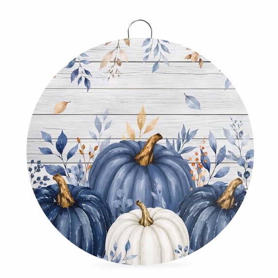 Welcome Sign Front Door Decorations, Blue White Pumpkin Fall Round Wall Art Outdoor Metal Wreaths, Thanksgiving Eucalyptus Gray Wood Seasonal Hanging Sign for Home Porch Decor Warming Gift 8 In