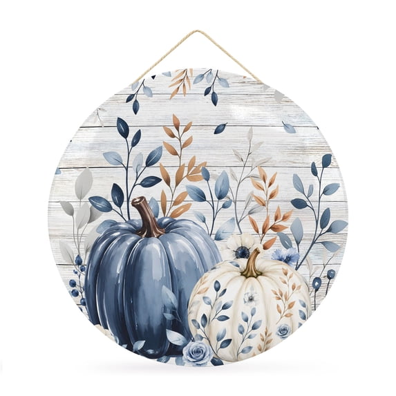 Welcome Sign Front Door Decorations, Blue White Pumpkin Fall Round Wall Art Outdoor Metal Wreaths, Thanksgiving Eucalyptus Gray Wooden Seasonal Hanging Sign for Home Porch Decor Warming Gift 12 In