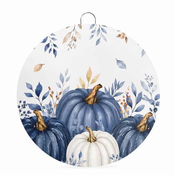 Welcome Sign Front Door Decorations, Blue White Pumpkin Fall Round Wall Art Outdoor Metal Wreaths, Thanksgiving Eucalyptus Leaves Seasonal Hanging Sign for Home Porch Decor Warming Gift 6 In