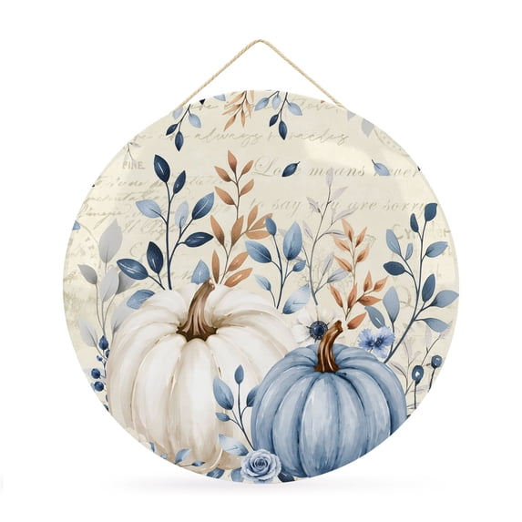 Welcome Sign Front Door Decorations, Blue White Pumpkins Fall Round Wall Art Outdoor Metal Wreaths, Thanksgiving Eucalyptus Leaves Autumn Seasonal Hanging Sign for Home Porch Decor Warming Gift 12 In