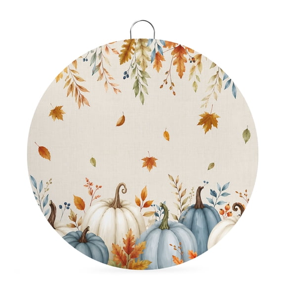 Welcome Sign Front Door Decorations, Blue White Pumpkins Fall Round Wall Art Outdoor Metal Wreaths, Thanksgiving Maple Leaf Rustic Seasonal Hanging Sign for Home Porch Decor Warming Gift 8 In