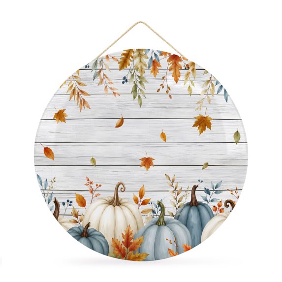 Welcome Sign Front Door Decorations, Blue White Pumpkins Fall Round Wall Art Outdoor Metal Wreaths, Thanksgiving Maple Leaf Wooden Seasonal Hanging Sign for Home Porch Decor Warming Gift 12 In