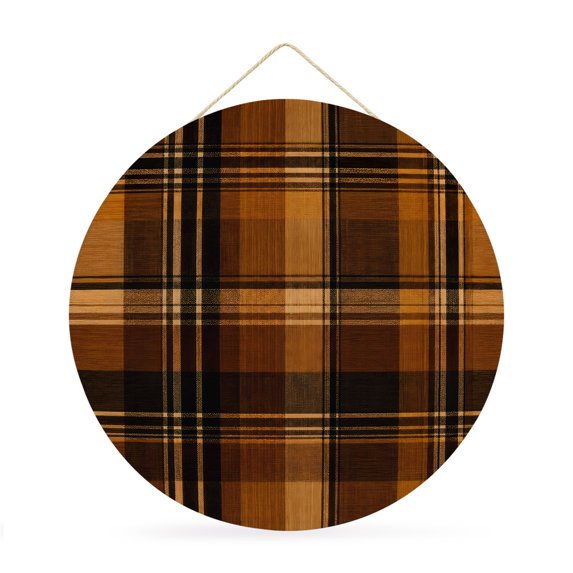 Welcome Sign Front Door Decorations, Brown Checked Round Wall Art Outdoor Metal Wreaths, Farmhouse Tan Brown Buffalo Plaid Seasonal Hanging Sign for Home Porch Decor Warming Gift 12 In