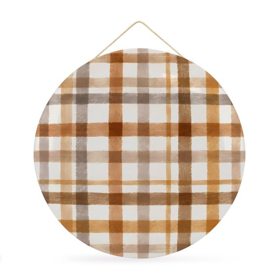Welcome Sign Front Door Decorations, Brown Checked Round Wall Art Outdoor Metal Wreaths, Watercolor Coffee Buffalo Plaid Seasonal Hanging Sign for Home Porch Decor Warming Gift 12 In