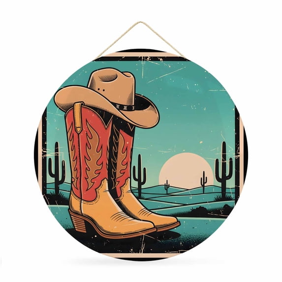 Welcome Sign Front Door Decorations, Brown Teal Western Round Wall Art Outdoor Metal Wreaths, Vintage Cactus Watercolor Botanical Seasonal Hanging Sign for Home Porch Decor Warming Gift 12 In