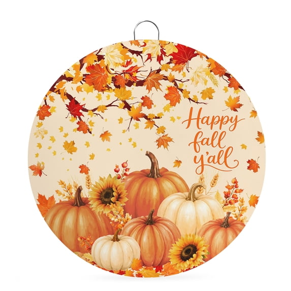 Welcome Sign Front Door Decorations, Burnt Orange Pumpkins Fall Round Wall Art Outdoor Metal Wreaths, Thanksgiving Branches Maple Leaves Seasonal Hanging Sign for Home Porch Decor Warming Gift 8 In